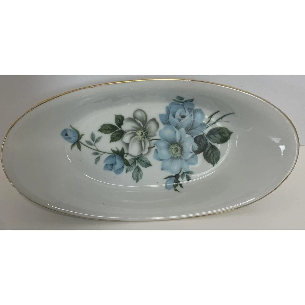 Tilso Japan Vintage Butter Dish Trinket Dish Shades of Blue Roses - Picture 2 of 16